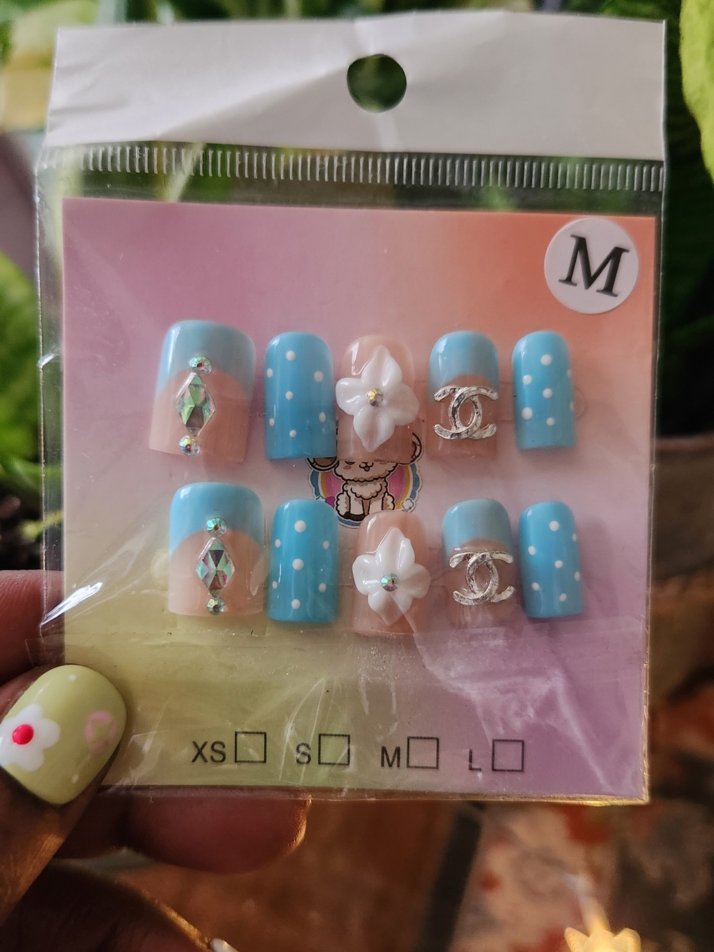 Blue Polka Dot Press-On Nails with Flower & Gem Accents